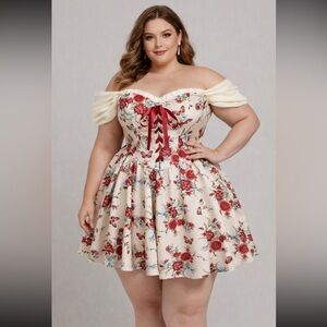 SHEIN Curve Floral Corset Cottagecore Coquette Dress Women’s 3XL Plus Cream Red